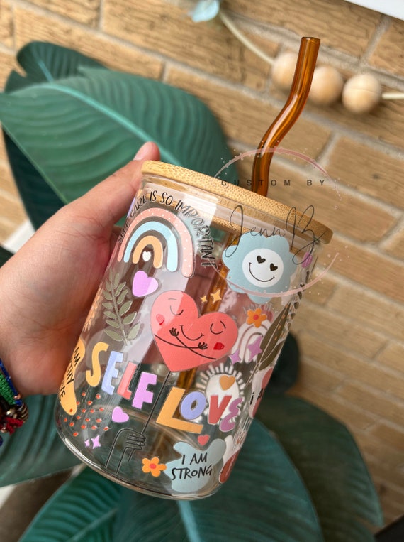 Self Love Glass Mug: 16oz Motivational Cup with Lid & Straw