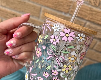 Floral Glass Mug: Coquette Spring Flower Cup (16oz)