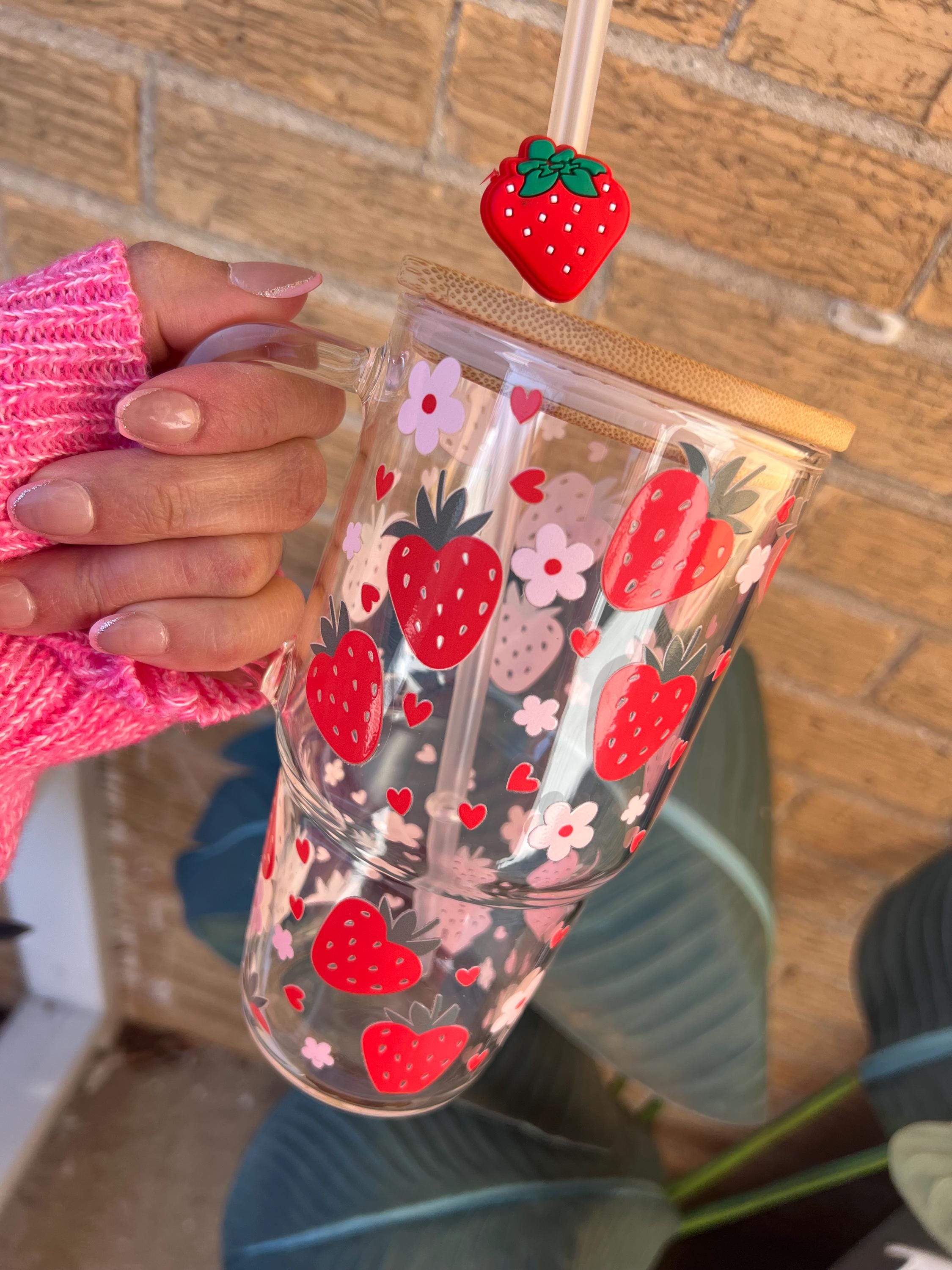 Strawberry Glass Tumbler (20oz): Valentines Day Cup with Lid & Straw