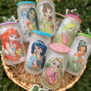 Princess Sublimation Glass Can Tumbler: Rhinestone Lid, Frosted 16 oz