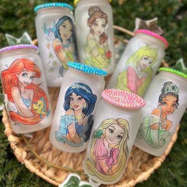Princess Sublimation Glass Can Tumbler: Rhinestone Lid, Frosted 16 oz