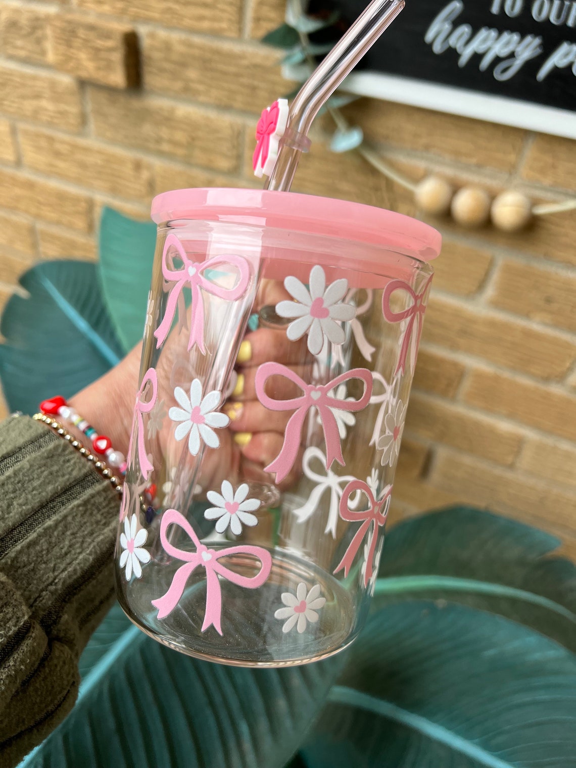 Pink Bows Glass Mug: Coquette Daisy Cup With Lid & Straw - Etsy