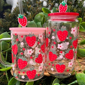 Strawberry hearts Glass Cup| Berries Iced coffee Glass| Pink strawberries| valentines Day gift | Coffee Mug