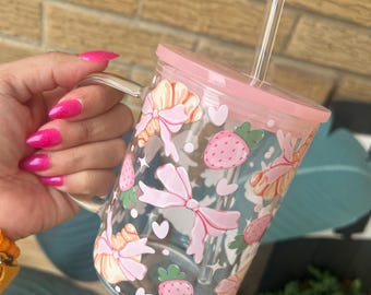 Coquette Croissant Glass mug, strawberry glass cup