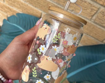 Capybara Glass Cup: Daisy Spring Tumbler with Straw & Lid