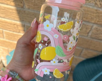 Lemons and Rainbows Glass Cup: 16oz Summer Drinkware