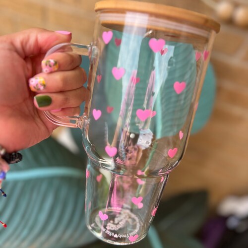 Hearts Glass Tumbler With Handle, Bamboo Lid & Straw (32 Oz) - Etsy