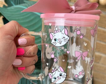 Marie Cat Glass Mug: Handmade 16oz Coffee Cup with Lid & Straw