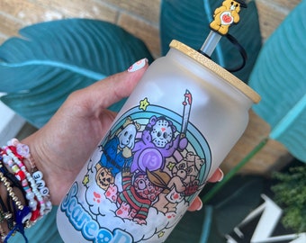 Scare Bears Frosted Glass Cup | Retro Halloween Cup with Lid & Straw