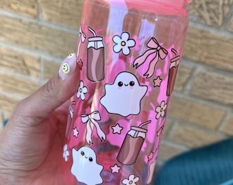 Ghost Glass Cup: 16oz with Lid & Straw, Pink bows Cup