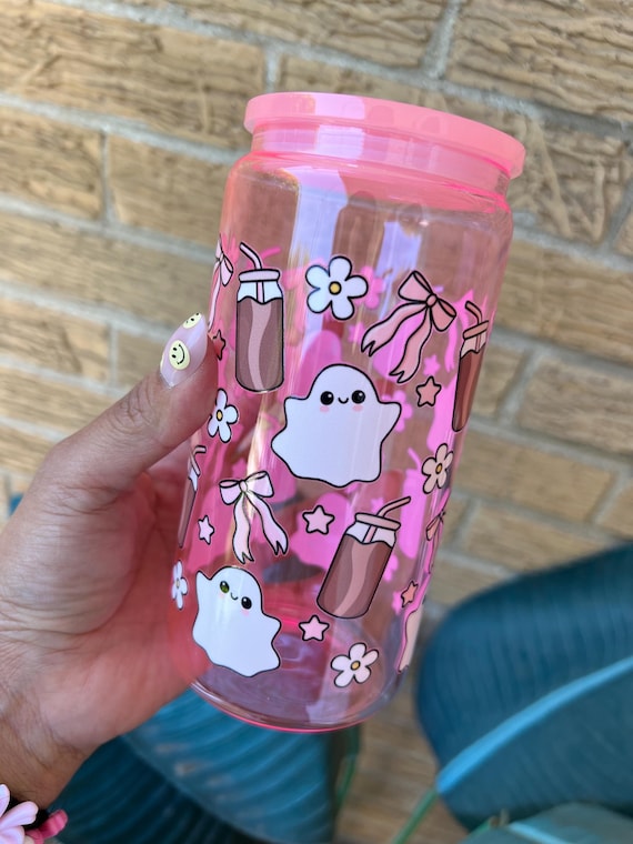 Ghost Glass Cup: 16oz with Lid & Straw, Pink bows Cup