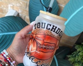 Football Season Glass Cup | 16oz Sublimation Cup, Lid & Straw