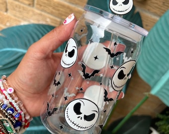 Jack Skellington Halloween Glass Cup: 16oz with Straw & Lid