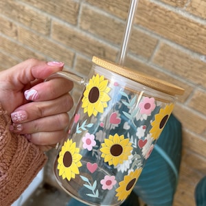 Sunflowers glass Cup| Sunflowers cup| Sunflowers Mug| Clear Mug| Gift for her | Spring Flowers cup