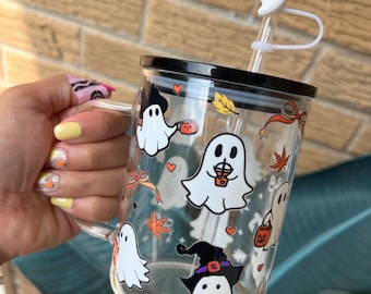 Spooky Ghost Glass Mug: Halloween Coffee Cup with Lid & Straw