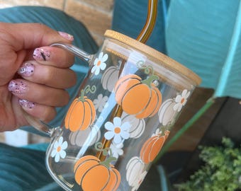 Pumpkin Glass Mug with Lid & Straw | 16oz Fall Cup