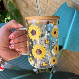 Sunflowers Glass Cup| Libbey Can| handmade | Customized cup| Glass can | Sunflower| Iced coffee Cup| Spring | Summer cup| Gift for her