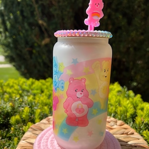 Bears Glass Can| Frosted Can | Sublimation| Rainbow | Cute bears | Sublimation Glass Can| Pink| Retro bears | gift | 80s| 80s Girl