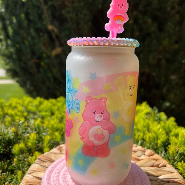 Bears Glass Can| Frosted Can | Sublimation| Rainbow | Cute bears | Sublimation Glass Can| Pink| Retro bears | gift | 80s| 80s Girl