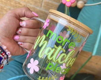 Matcha Glass Cup: 16oz  Mug with Lid & Straw