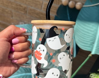 Halloween Ghost Glass Mug: Spooky Season Cup with Lid & Straw