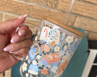 Christmas Girly Glass Mug: 16oz with Lid & Straw