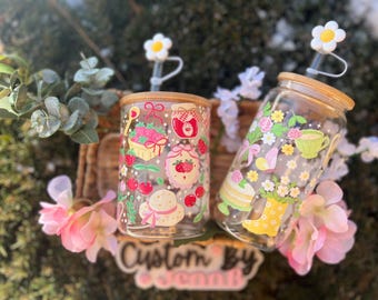 Strawberry Spring Glass Mug, 16oz Cup with Lid & Straw