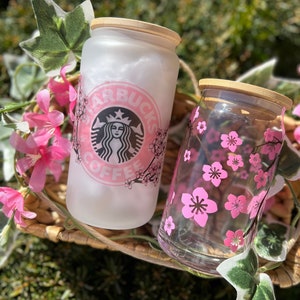 Cherry Blossom Glass Can: Frosted Libbey Ice Coffee Cup (16 oz)