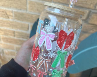 Christmas Bows Glass Cup: Handmade 16oz Tumbler with Lid & Straw