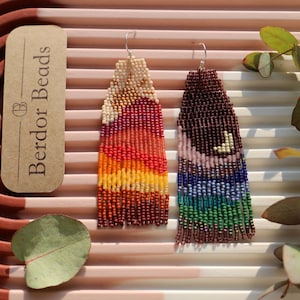 Anna Handwoven beaded earrings, long modern earrings, colorful landscape, warm and cold colors, moon and sun, colorful, mismatch earrings image 1