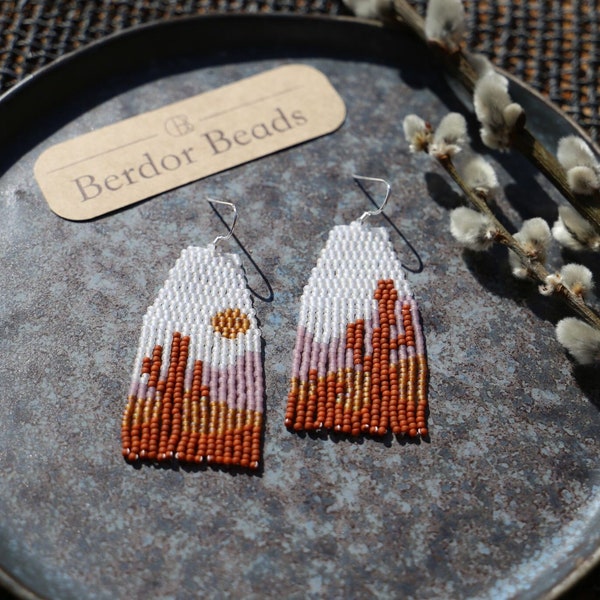 Handwoven beaded earrings, modern earrings, desert earrings, cactus, landscape earrings, fringe earrings, gift for her, beaded jewelry