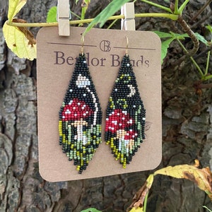 Witch Garden - Handwoven beaded earrings,mushroom earrings,fringe earrings,dark jewelry,witchy vibes,romantic goth,unique art,whimsical art