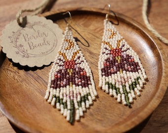 Handwoven beaded earrings, moth earrings, fringe earrings, beaded jewelry, neutral style, earthy tones, moth design, art jewelry, unique art