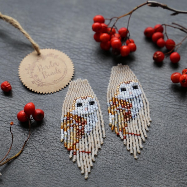 Barn owl - handwoven beaded earrings, bird, long modern earrings, nature inspired, fringe earrings, gift for her, beaded jewelry, unique, trendy