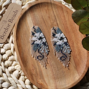 Hope - Handwoven beaded fringe earrings,long modern earrings,white,flower earrings,abstract design,statement earrings,gift for women,unique