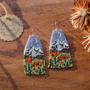 Poppy field - Handwoven beaded earrings, little modern earrings, landscape earrings, poppy, mountain, fringe earrings, gift for her, trendy