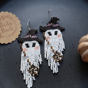 Witch ghost - Handwoven beaded earrings,halloween earrings,fringe earrings,dark jewelry,ghost,halloween art,unique,whimsical,spooky,witchy