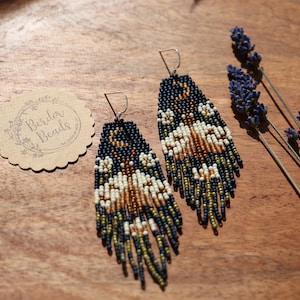 Denim Blue Moth - handwoven beaded earrings,handmade,navy blue,moth,bohemian earrings,seed bead earrings,boho,unique earrings,art jewelry