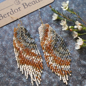 Celebration - Handwoven beaded earrings, modern earrings, fringe earrings, abstract earrings, gold, champagne, beige, gift for her, beaded jewelry