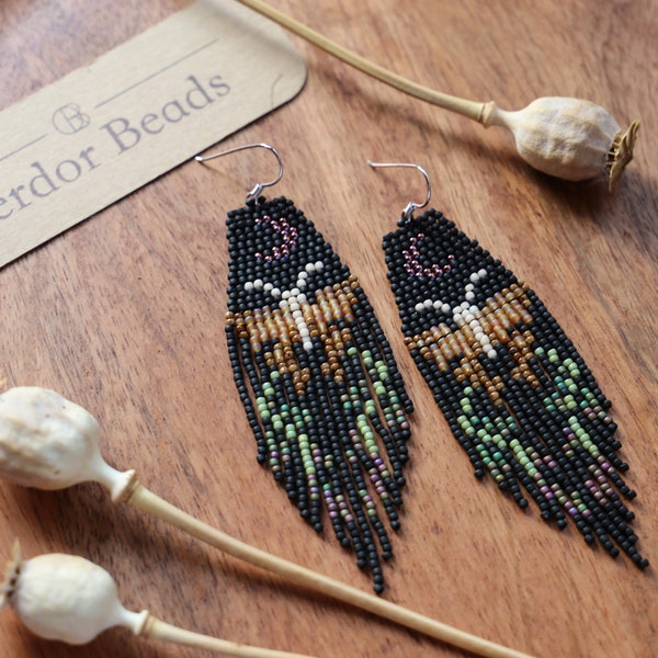 Midnight moths - handwoven beaded earrings,handmade gifts,black,moth,neutral colors,art jewelry,lightweight,unique earrings,gift for mom