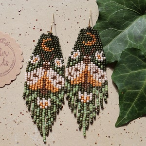 Handwoven beaded earrings,handmade,olive green,moth,bohemian,jewelry gift,insects,hippie,gypsy jewelry,unique earrings,art jewelry,nature