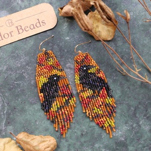 Golden raven - Handwoven beaded earrings,long modern earrings,dark style,fall vibes,fringe earrings,gift for her,beaded jewelry,unique style