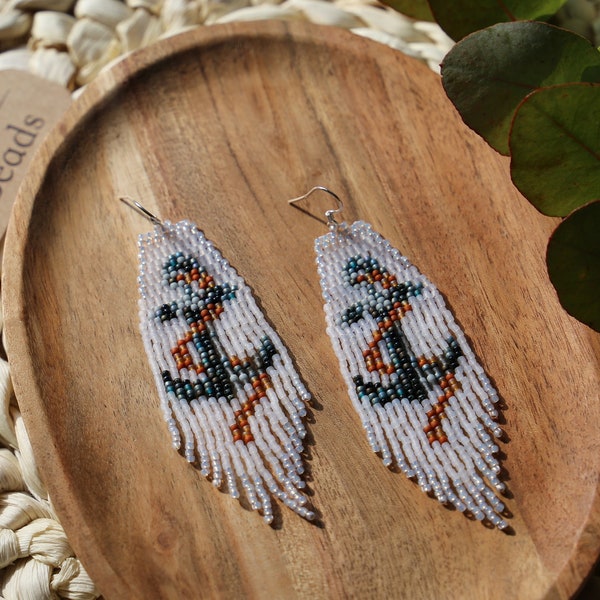 Anchor- Handwoven beaded earrings, long modern earrings, neutral, fringe earrings, gift for her, beaded jewelry, unique, trendy, neutral