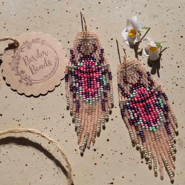 Handwoven beaded earrings,handmade gifts,boho style,bug,insects,shiny,pink,cute earrings,unique earrings,nature inspired,dangle earrings