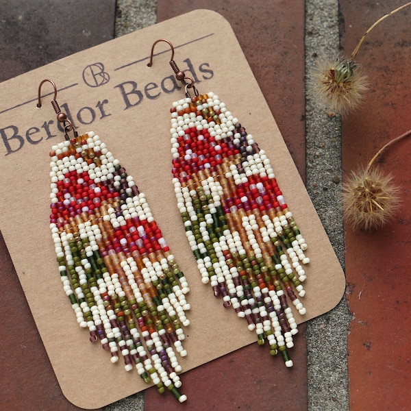 Autumn forest - Handwoven beaded earrings, long modern earrings, mushroom, fringe earrings, gift for her, beaded jewelry, unique, fall style