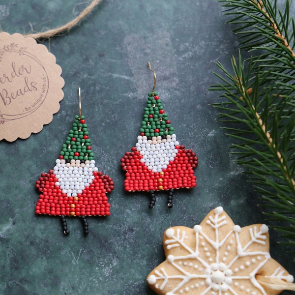 SanCute - Handwoven beaded earrings, little modern earrings, Christmas, holiday mood, festive, fringe earrings, gift for her, beaded jewelry