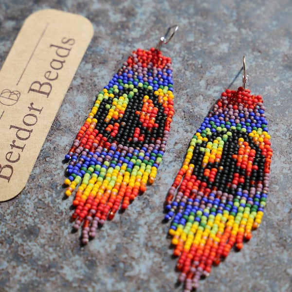 Handwoven beaded earrings, Peace earrings, rainbow, long modern earrings, fringe earrings, gift for her, colorful