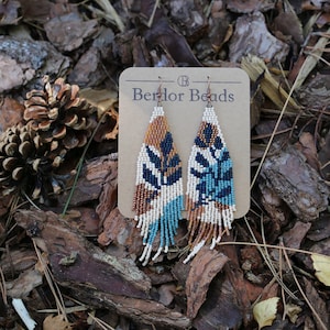 Handwoven beaded fringe earrings,long modern earrings,abstract,blue brown jewerly,leaf,gift for her,beaded jewelry,trendy,for spring