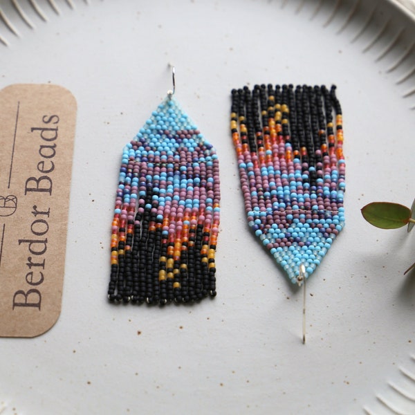 Sunset - Handwoven beaded earrings, long modern earrings, landscape earrings, sundown, fringe earrings, giftideas, beaded jewelry, colorful