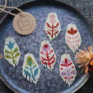Handwoven beaded fringe earrings,modern earrings,flower earrings,floral,gift for women,spring jewerly,wearable art,statement piece of art